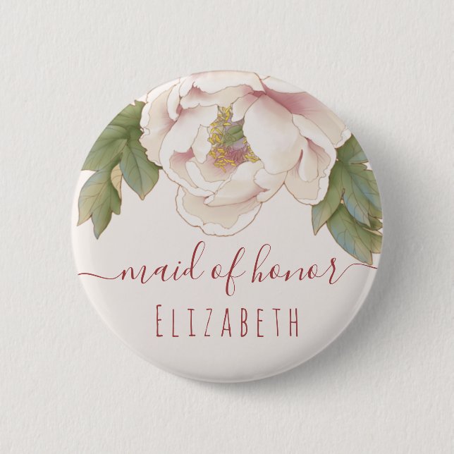 Elegant Blush Pink Peony Floral Maid of Honor 6 Cm Round Badge (Front)