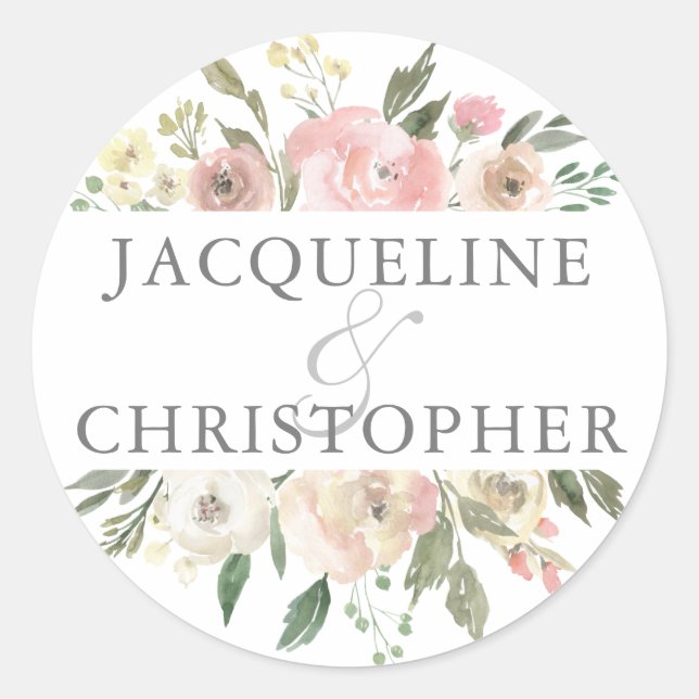 Elegant Blush Pink Peony Floral Sage Leaf Wedding Classic Round Sticker (Front)