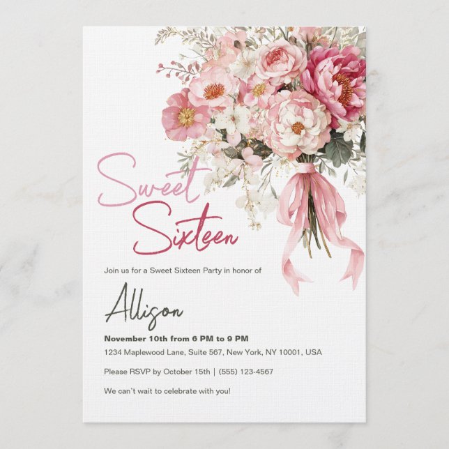 Elegant Blush Pink Peony Floral Sweet Sixteen Invitation (Front)