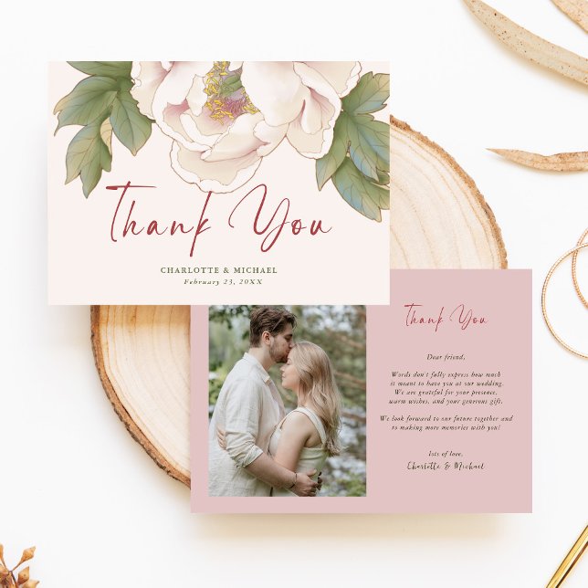 Elegant Blush Pink Peony Flower Photo Wedding Thank You Card (Creator Uploaded)