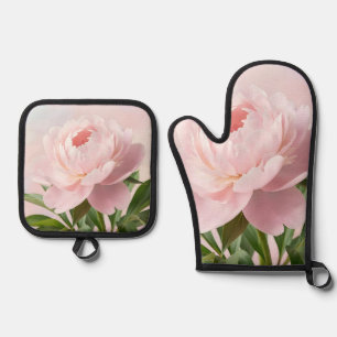 Elegant Blush Pink Peony Realistic Floral Oven Mitt & Pot Holder Set