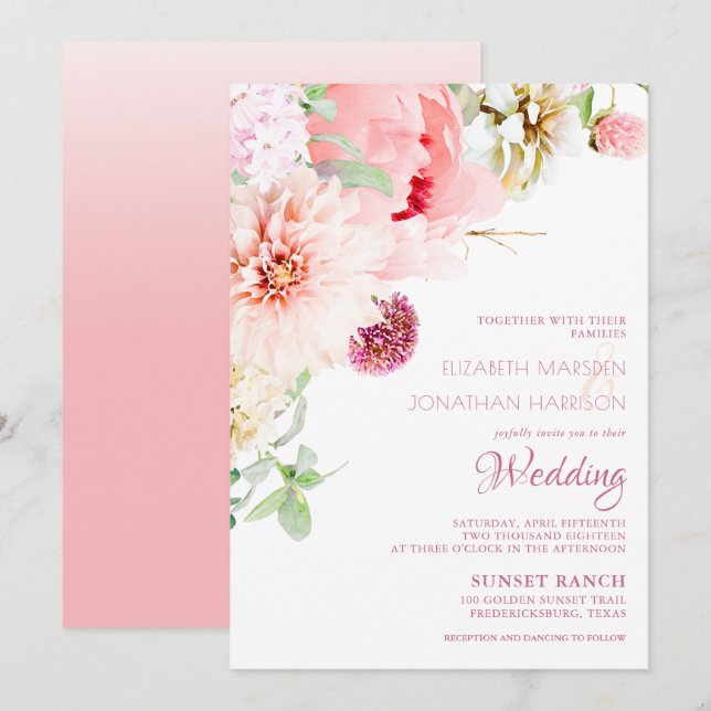 Elegant Blush Pink Peony Sage Floral Wedding  Invitation (Front/Back)