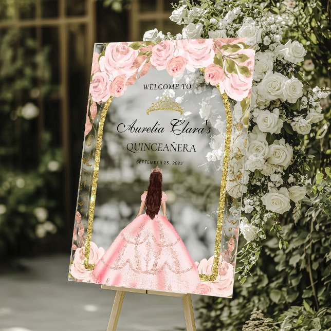 Elegant Blush Pink Princess Floral Quinceañera Acrylic Sign (Creator Uploaded)