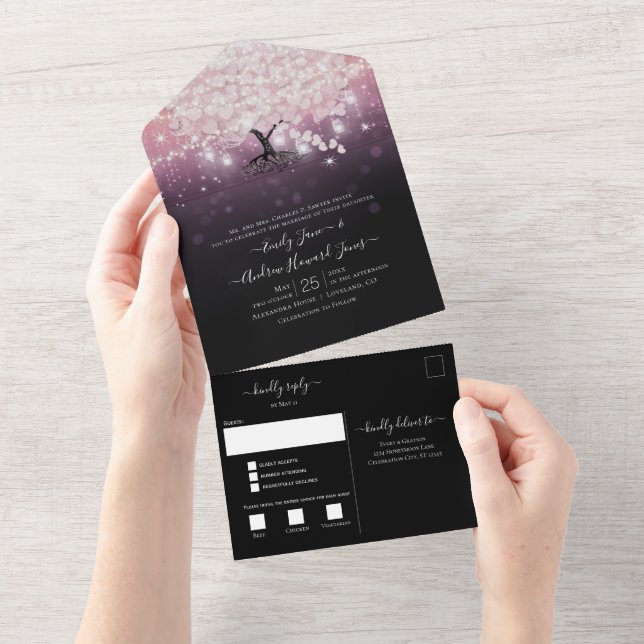 Elegant Blush Pink Purple Heart Leaf Tree Wedding All In One Invitation (Tearaway)