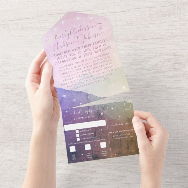Elegant Blush Pink Purple Mountain Resort Wedding All In One Invitation (Tearaway)