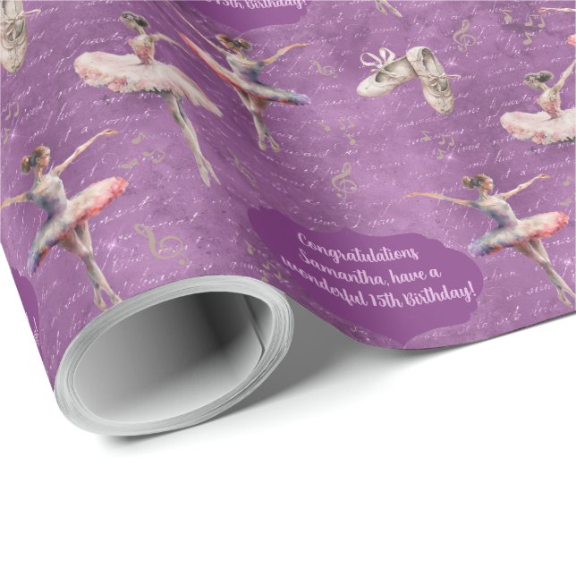 Elegant Blush Pink Purple Name Age Text Ballerina  Wrapping Paper (Roll Corner)