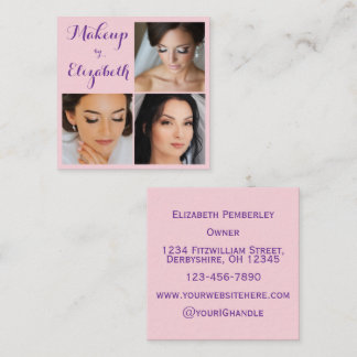 Elegant Blush Pink Purple Script 3 Photo Makeup Square Business Card