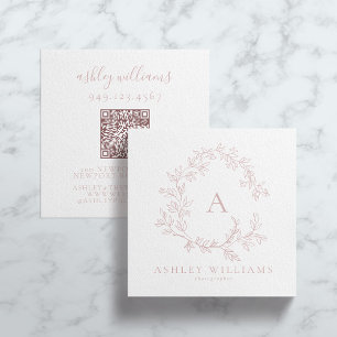 Elegant Blush Pink QR Code Monogram Floral Crest  Square Business Card