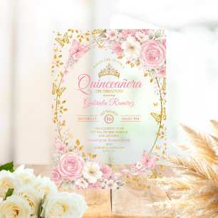 Elegant Blush Pink Quinceañera Golden Butterfly Acrylic Invitations