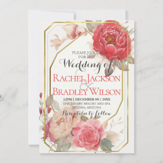 Elegant Blush Pink Red Peony Wedding Gold Frame Invitation