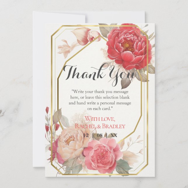 Elegant Blush Pink Red Peony Wedding Gold Frame  Thank You Card (Front)