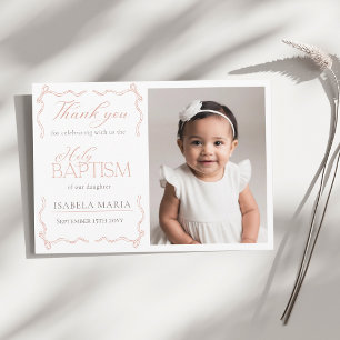 Elegant Blush Pink Ribbon Photo Baptism Thank You Card