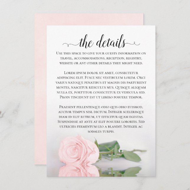 Elegant Blush Pink Romantic Rose Wedding Details Enclosure Card (Front/Back)