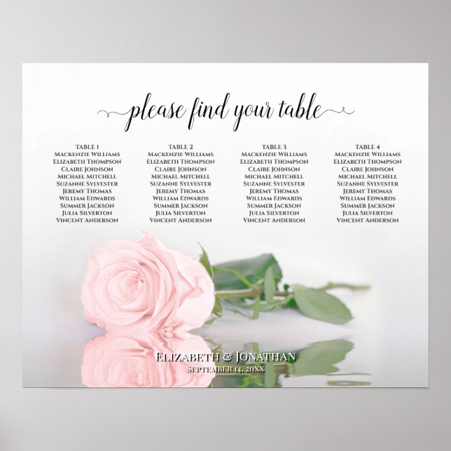 Elegant Blush Pink Rose 4 Table Seating Chart (Front)