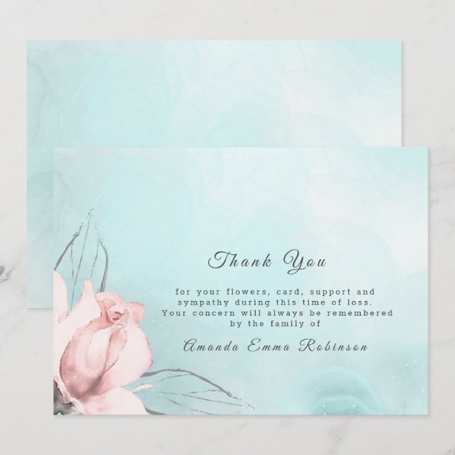 Elegant Blush Pink Rose and Blue  Thank You Card (Front/Back)