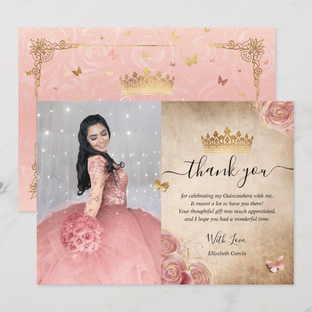 Elegant Blush Pink Rose and Gold Quinceanera Photo Thank You Card (Front/Back)