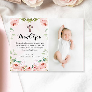 Elegant Blush Pink Rose Floral Baptism Photo Thank You Card