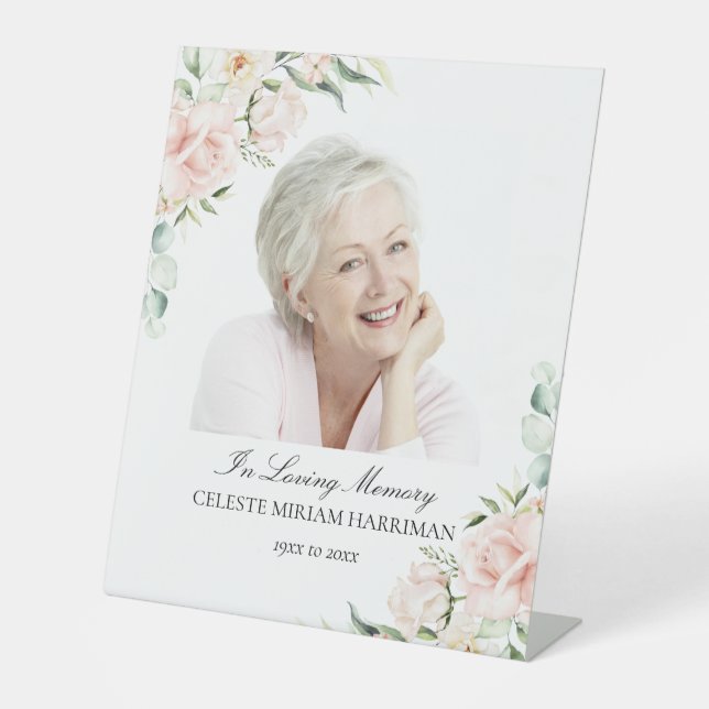Elegant Blush Pink Rose Floral Funeral Photo Pedestal Sign (Front)