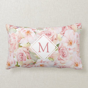 Elegant Blush Pink Rose Floral Monogram Lumbar Cushion