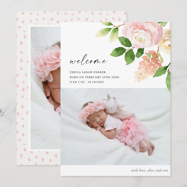 Elegant Blush Pink Rose Floral Photo Baby Birth Announcement (Front/Back)