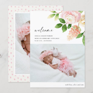 Elegant Blush Pink Rose Floral Photo Baby Birth Announcement
