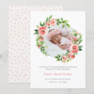 Elegant Blush Pink Rose Floral Photo Baby Birth Announcement