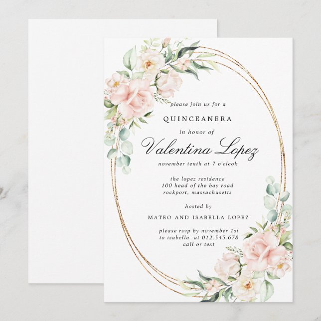Elegant Blush Pink Rose Floral Quinceanera Invitation (Front/Back)