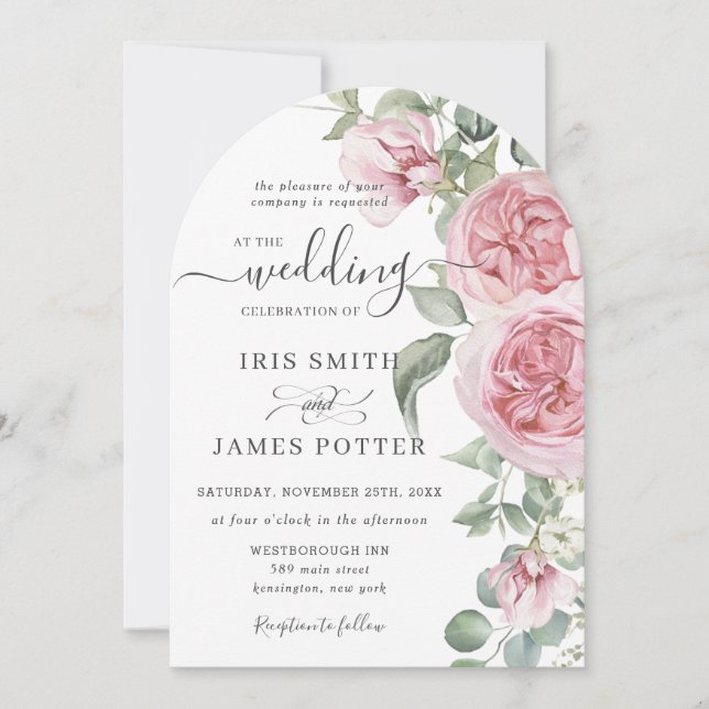 Elegant Blush Pink Rose Floral Wedding Details QR  Invitation (Front)