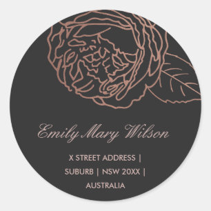 ELEGANT BLUSH PINK ROSE GOLD BLACK FLORAL ADDRESS CLASSIC ROUND STICKER