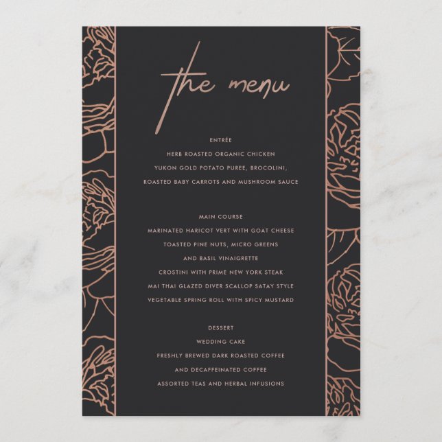 ELEGANT BLUSH PINK ROSE GOLD BLACK FLORAL MENU (Front)