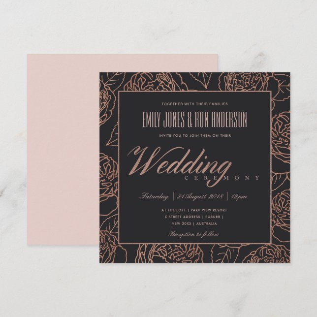 ELEGANT BLUSH PINK ROSE GOLD BLACK FLORAL WEDDING INVITATION (Front/Back)