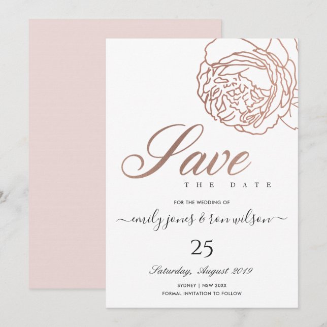 ELEGANT BLUSH PINK ROSE GOLD FLORAL SAVE THE DATE INVITATION (Front/Back)