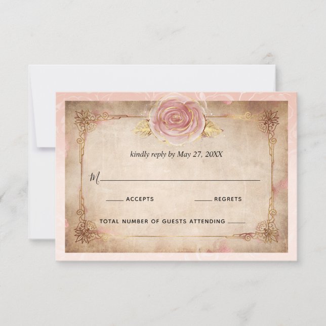 Elegant Blush Pink Rose Gold Rustic Wedding RSVP Card (Front)