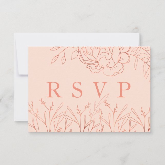 Elegant Blush Pink Rose Gold Sketched Flowers RSVP Card (Front)
