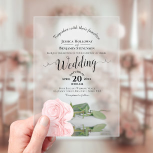 Elegant Blush Pink Rose Lacy Calligraphy Wedding Acrylic Invitations