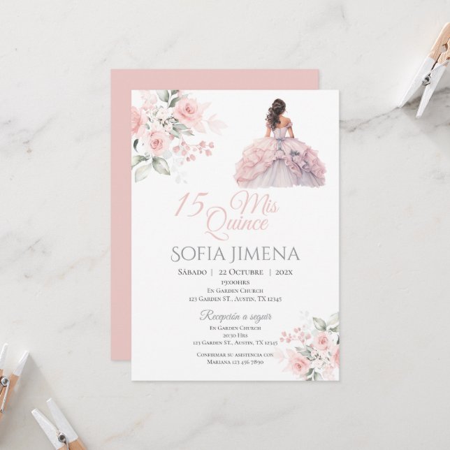Elegant Blush Pink Rose Quinceanera Invitation (Front/Back In Situ)