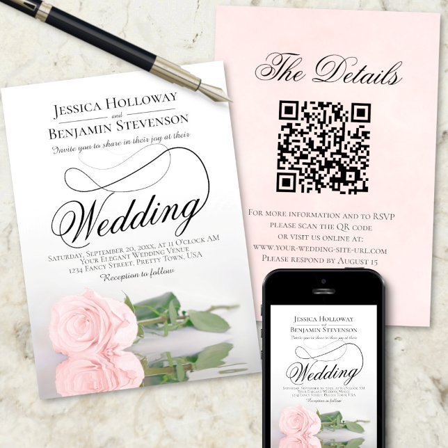 Elegant Blush Pink Rose Romantic QR Code Wedding Invitation (Front/Back/Downloadable)
