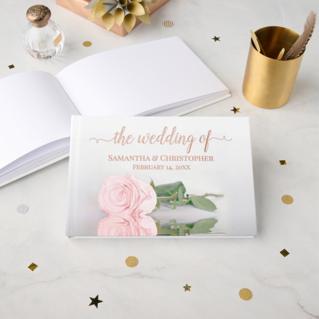 Elegant Blush Pink Rose Small Wedding Foil Guest Book (Front Open)