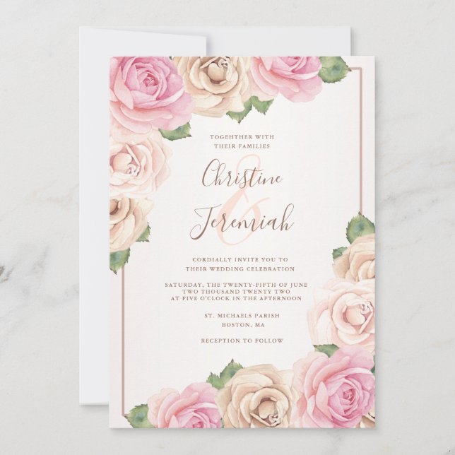 Elegant Blush Pink Rose Watercolor Floral Wedding Invitation (Front)