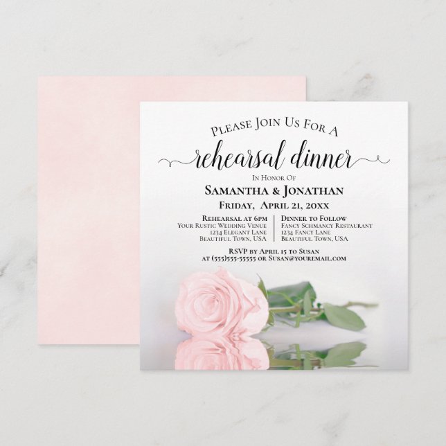 Elegant Blush Pink Rose Wedding Rehearsal & Dinner Invitation (Front/Back)