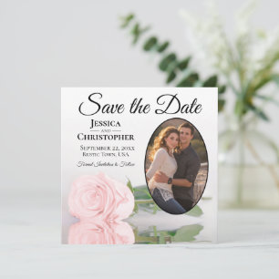 Elegant Blush Pink Rose with Oval Photo Wedding Save The Date