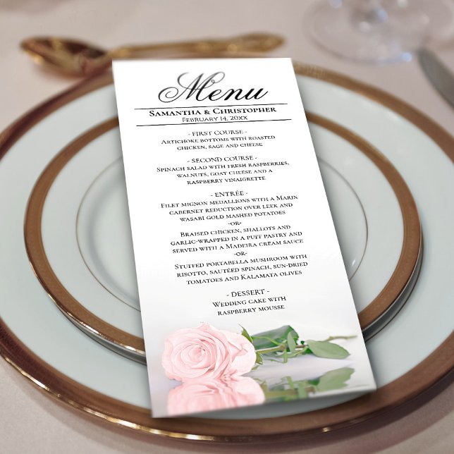 Elegant Blush Pink Rose with Reflections Wedding Menu (In Situ on Plate)