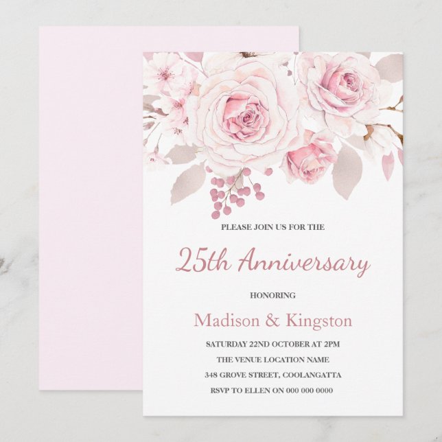 Elegant Blush Pink Roses 25th Wedding Anniversary Invitation (Front/Back)