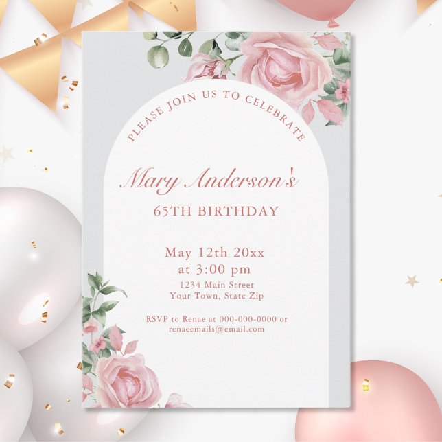 Elegant Blush Pink Roses 65th Birthday Party  Invitation (Creator Uploaded)