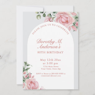 Elegant Blush Pink Roses 80th Birthday Party Invitation