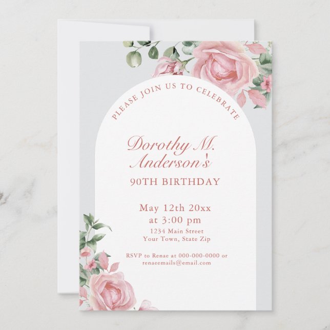 Elegant Blush Pink Roses 90th Birthday Party  Invitation (Front)