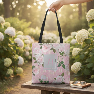Elegant Blush Pink Roses and Gold Damask Monogram Tote Bag