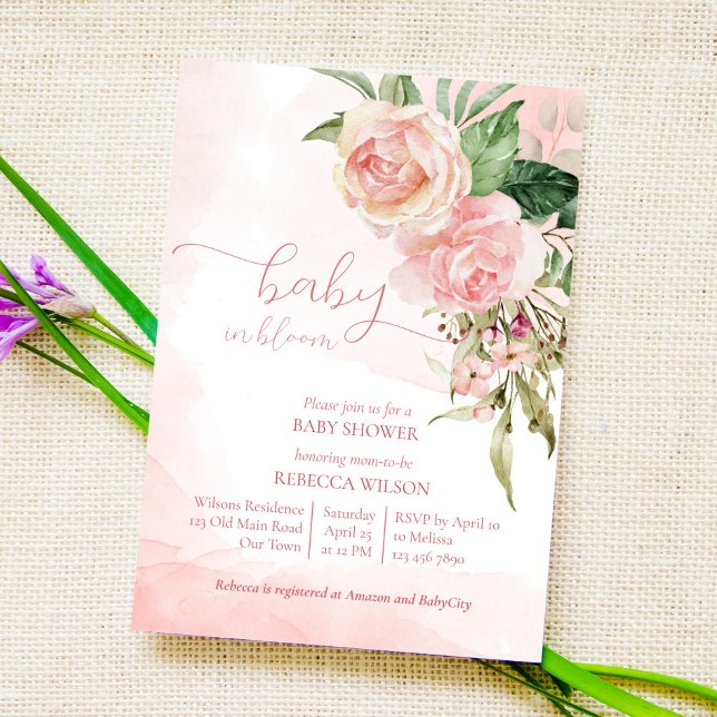 Elegant blush pink roses baby in bloom baby shower invitation (Creator Uploaded)