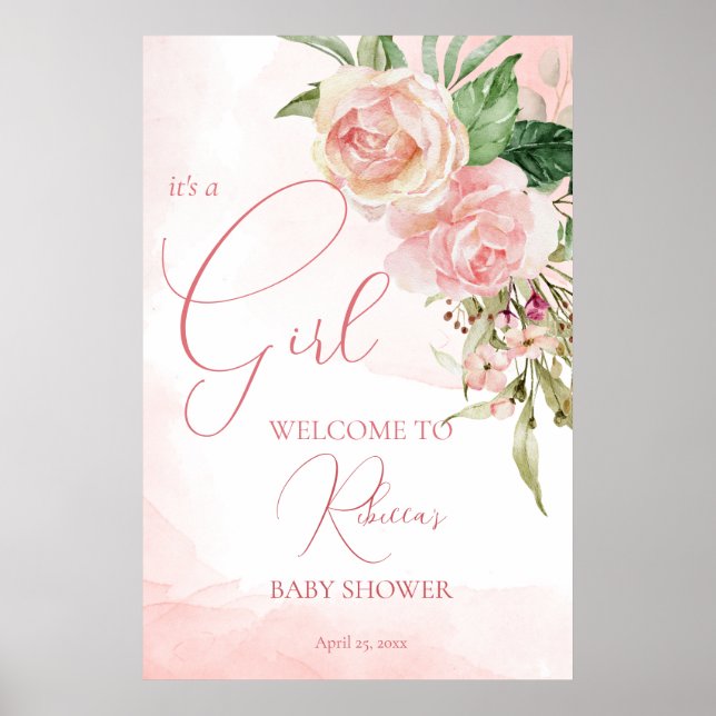 Elegant blush pink roses baby shower welcome sign (Front)