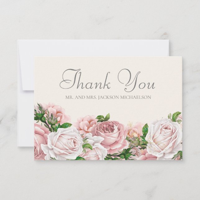 Elegant Blush Pink Roses Cream Wedding Thank You (Front)